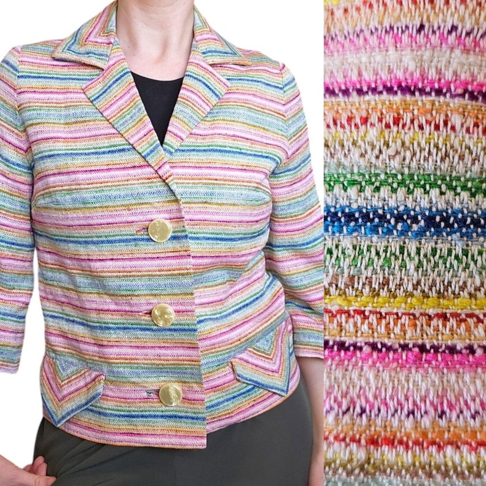 Vintage 60s 70s‎ Rainbow Striped Blazer Jacket Small Big Buttons Colorful Pink - Picture 14 of 14